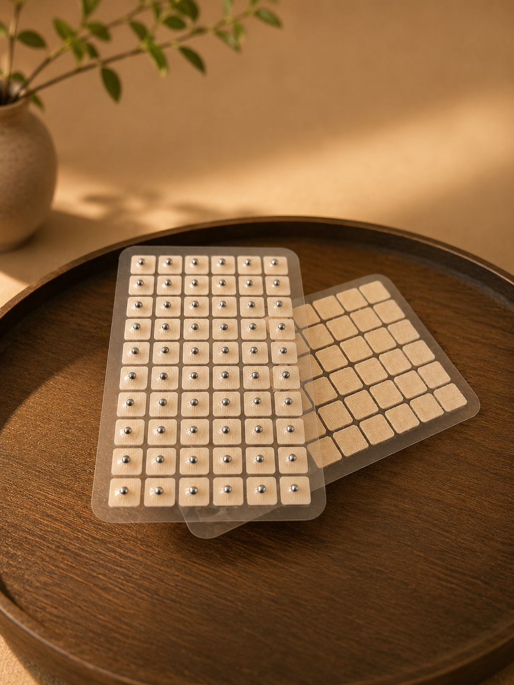 Herbal ear seeds on a wooden tray