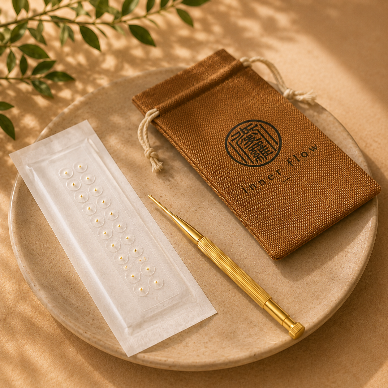 Gold ear seed starter kit: seeds, acupressure pen and pouch on a ceramic plate