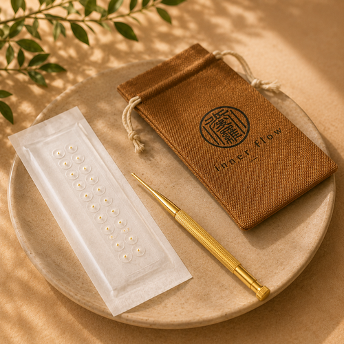 Gold ear seed starter kit: seeds, acupressure pen and pouch on a ceramic plate